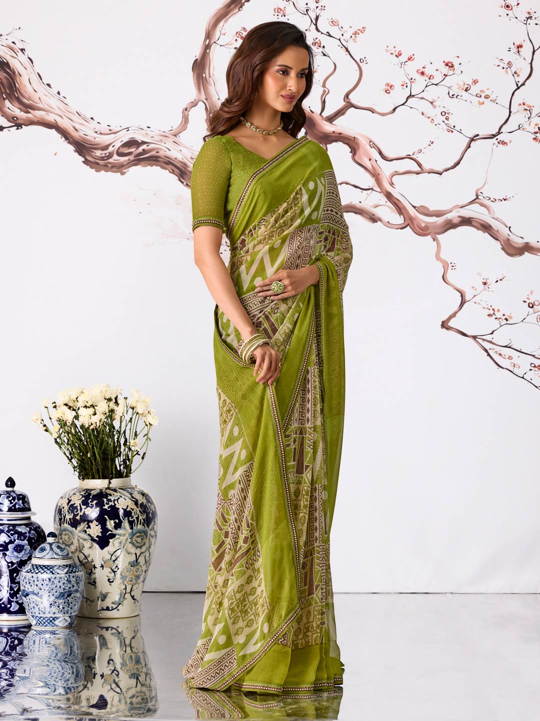 Green geometric printed georgette saree daily wear