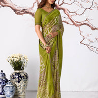 Green geometric printed georgette saree daily wear