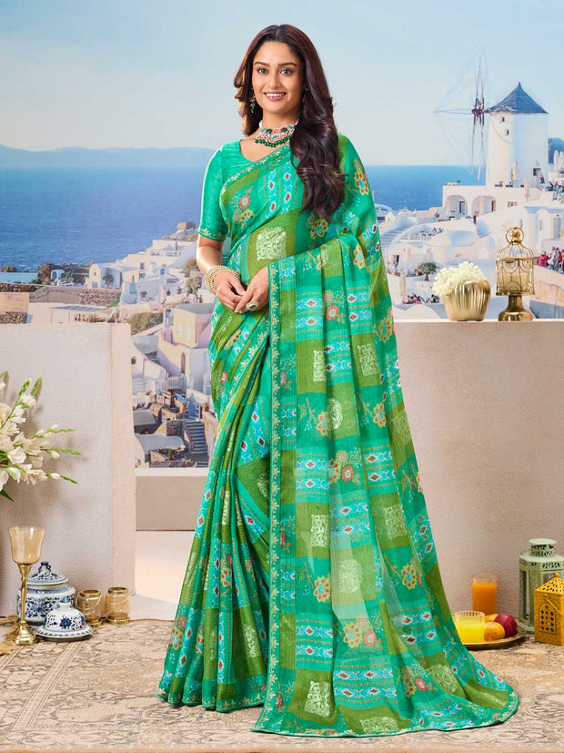 Green floral chiffon saree