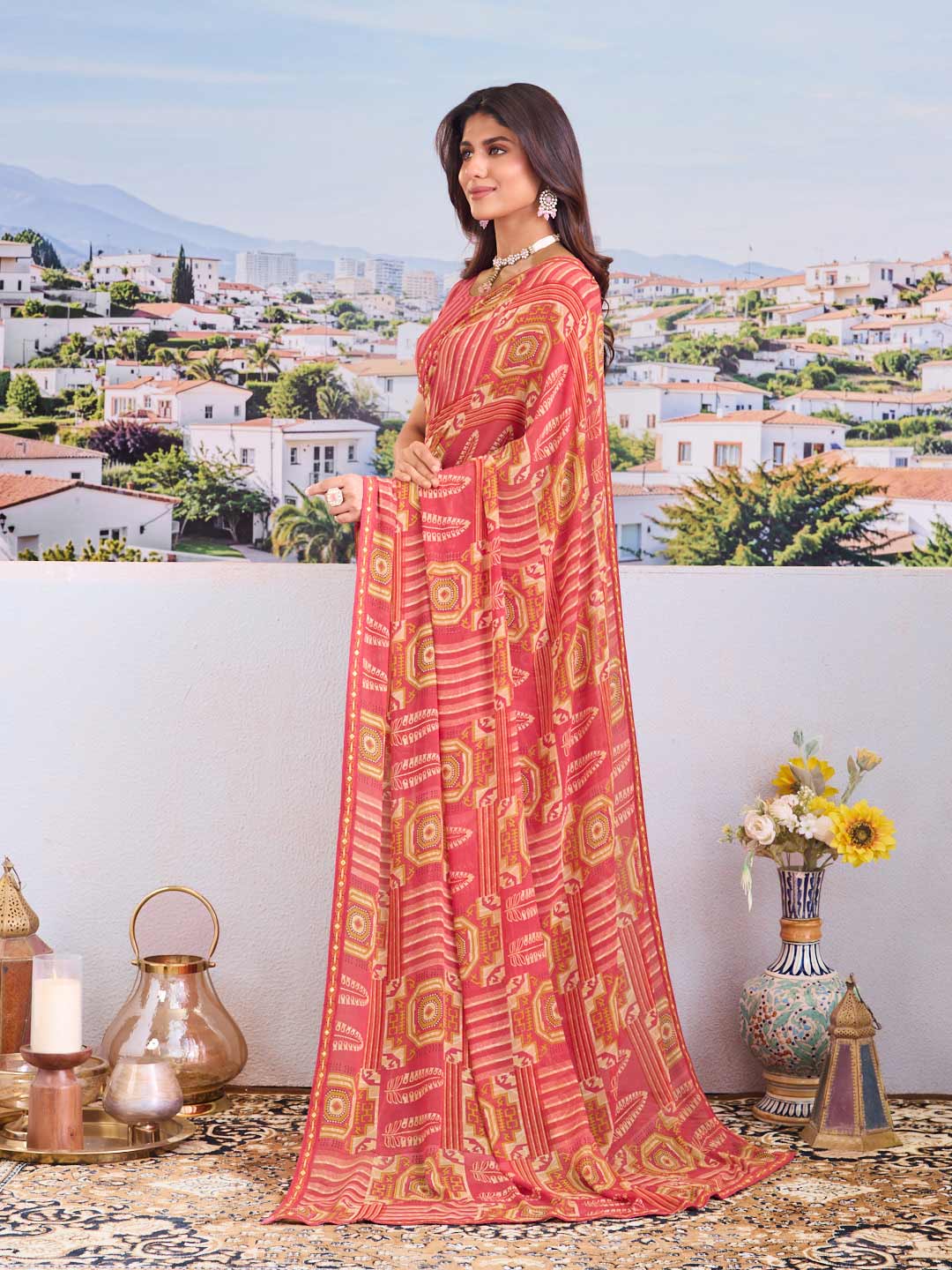 Stylish pink georgette saree