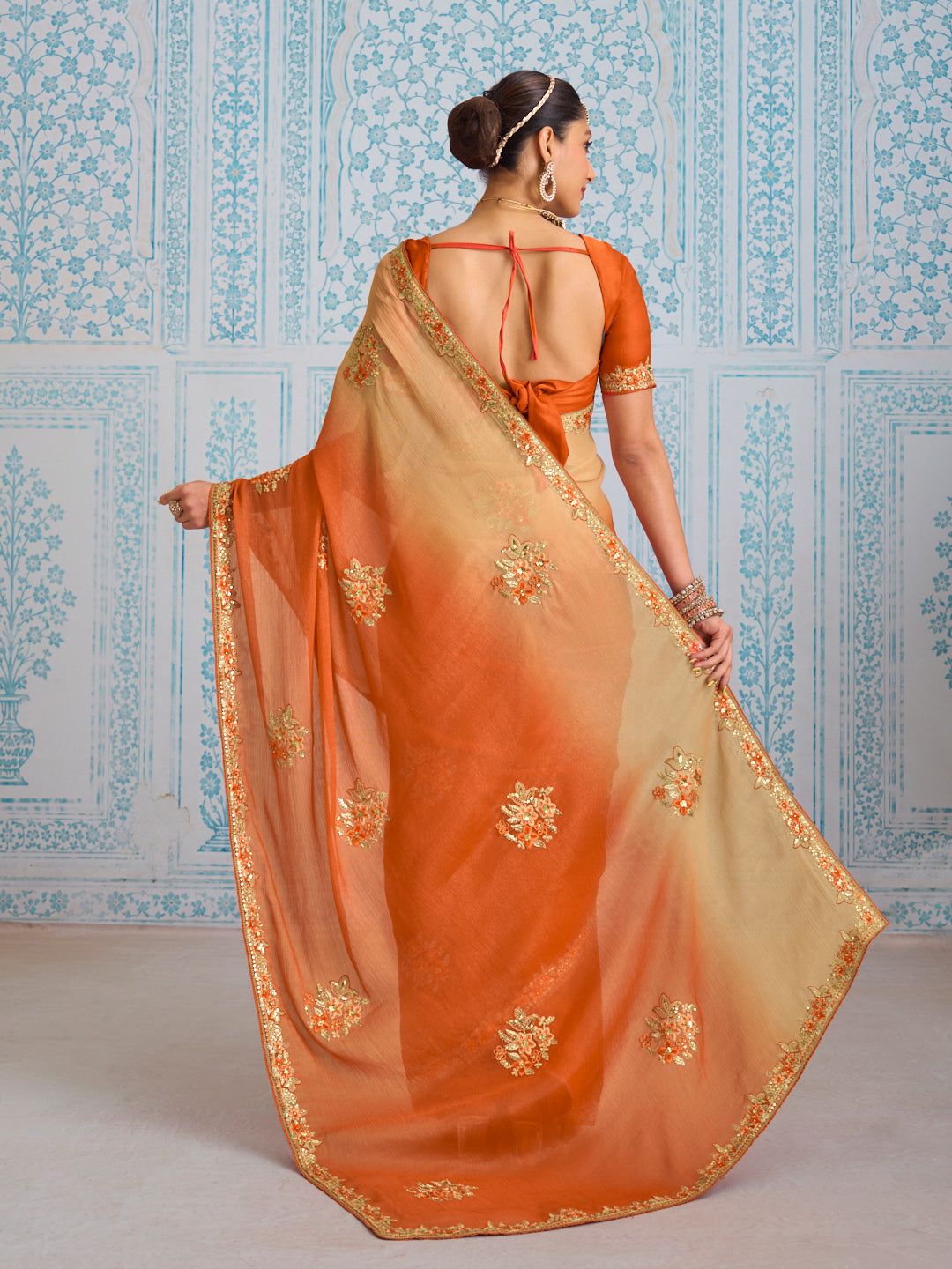 Laxmipati Aanya Orange Chiffon Embroidered Saree