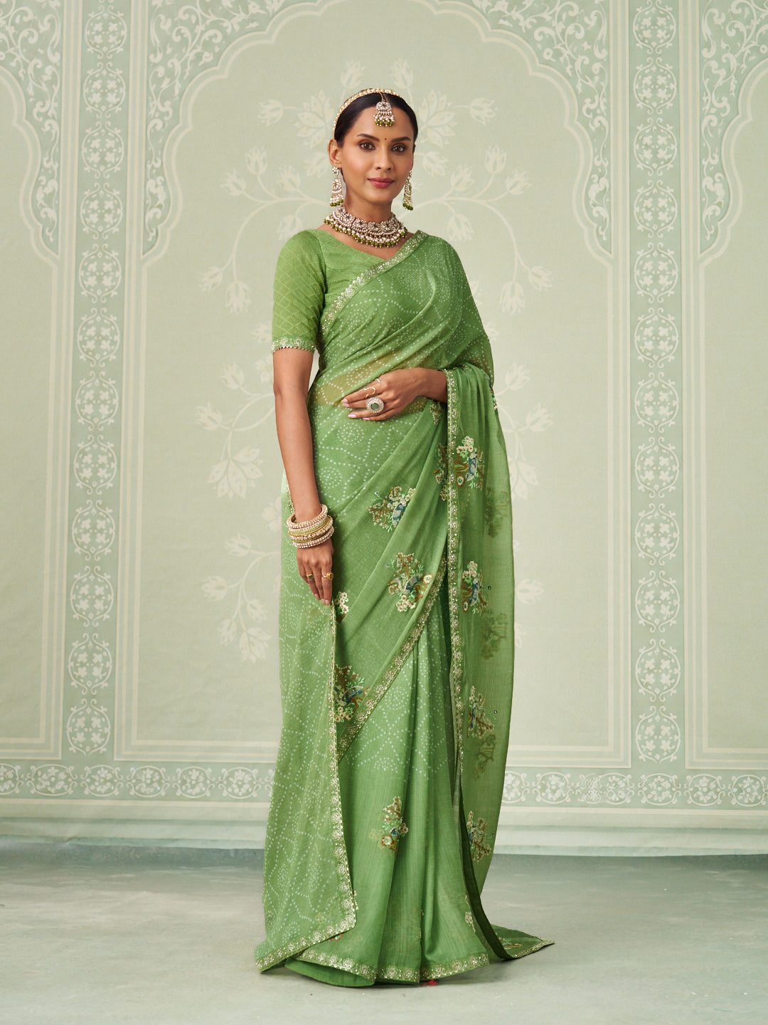 Green floral embroidered chiffon saree wedding wear