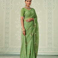 Green floral embroidered chiffon saree wedding wear