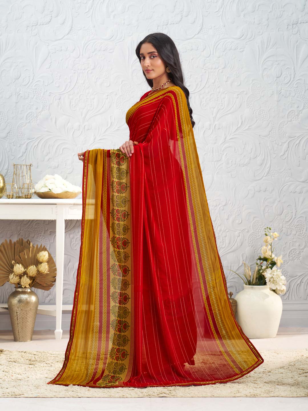 Red floral printed georgette saree festive wear