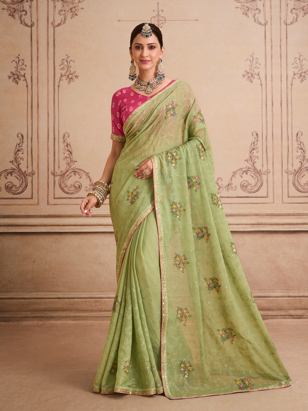 Green embroidered chiffon saree daily wear