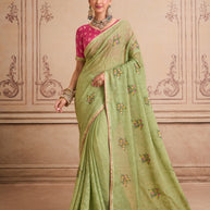 Green embroidered chiffon saree daily wear