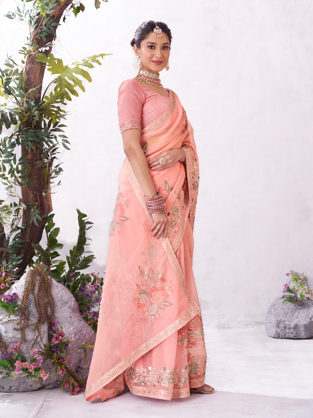 Pink designer embroidery saree festive style