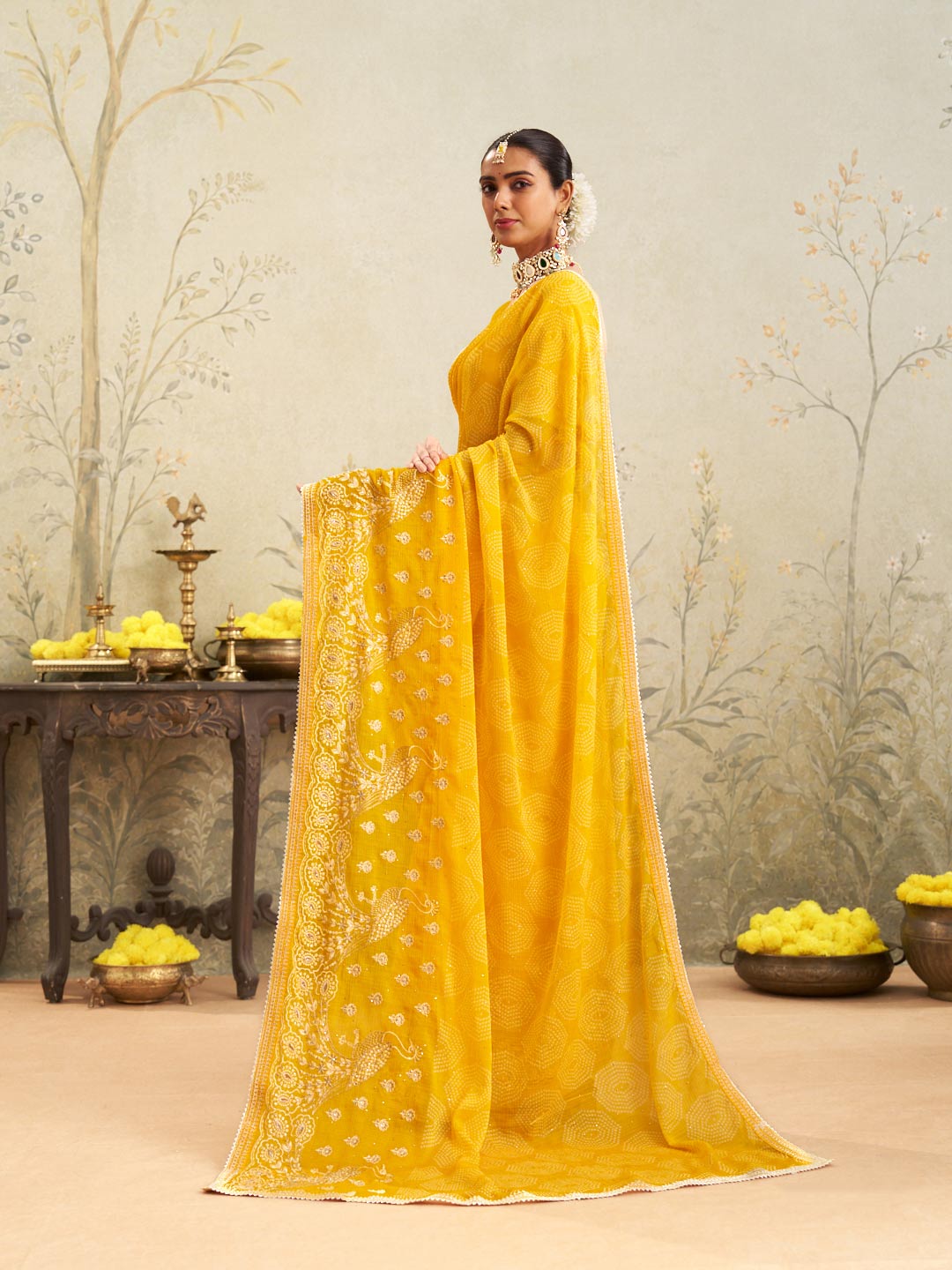Yellow embroidered chiffon saree festive wear