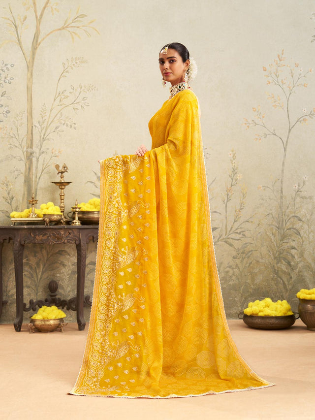 Yellow embroidered chiffon saree festive wear