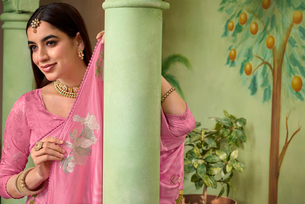 Pink embroidered silk blend saree party wear