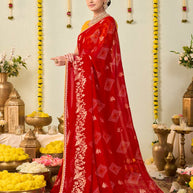 Red bandhani printed georgette saree daily wear