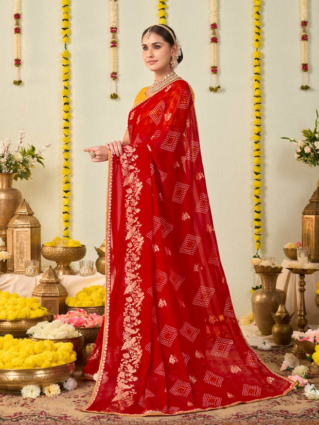 Red bandhani printed georgette saree daily wear