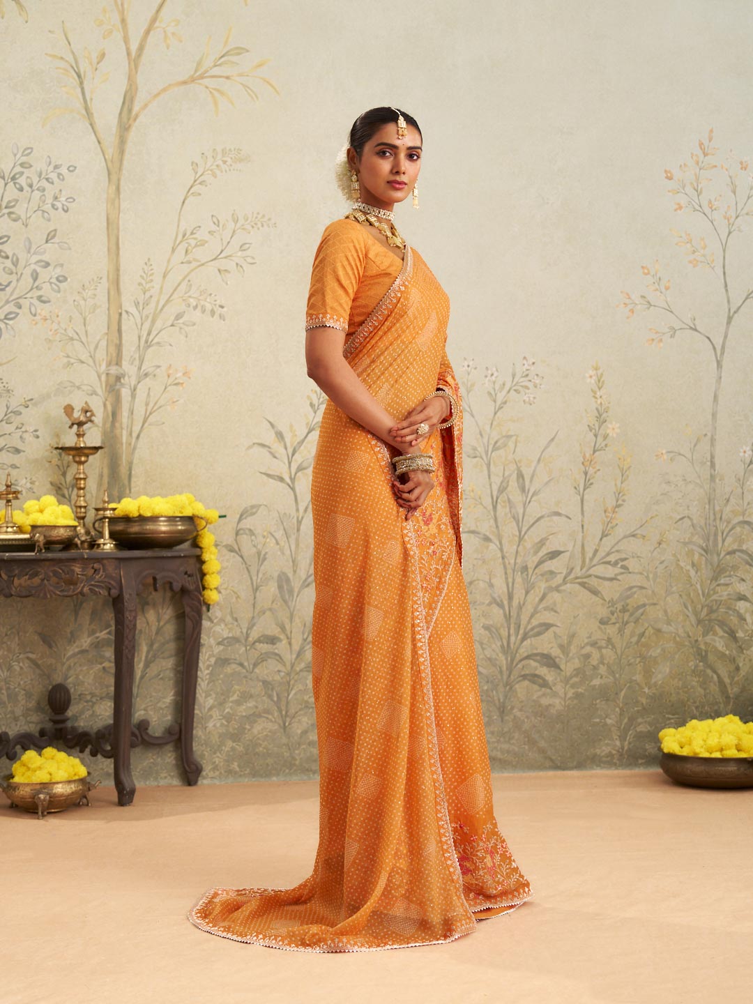 Orange floral embroidered chiffon saree wedding wear
