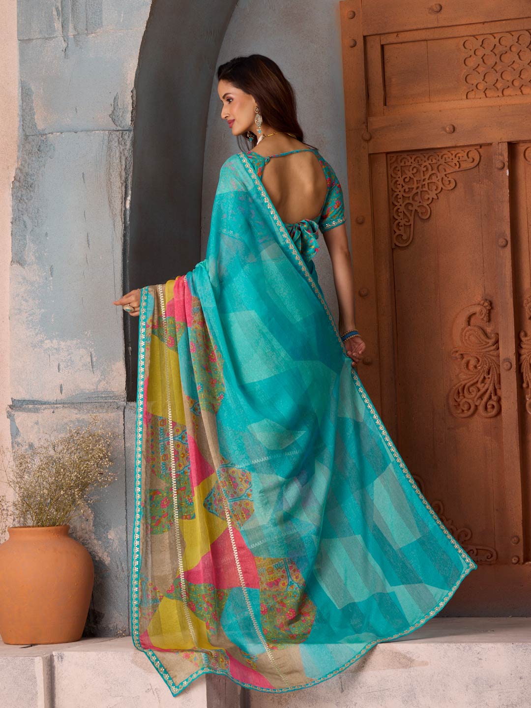 Blue printed chiffon saree daily wear