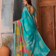 Blue printed chiffon saree daily wear