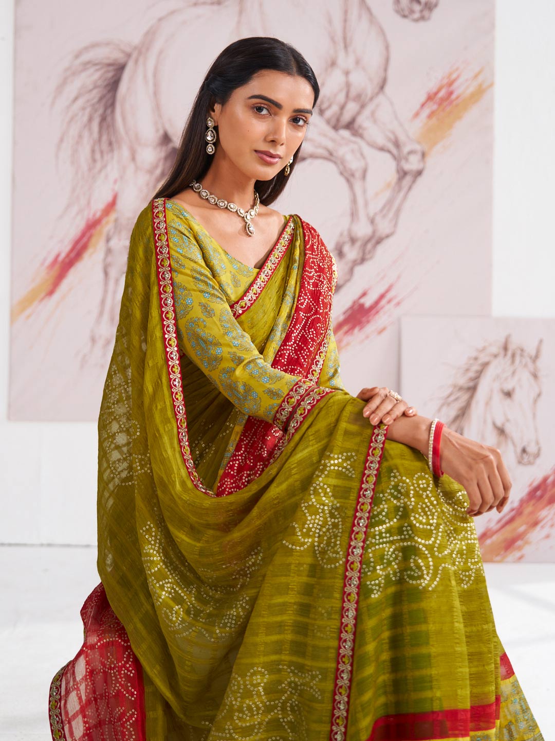 Laxmipati Murli Olive Green Chiffon Floral Saree