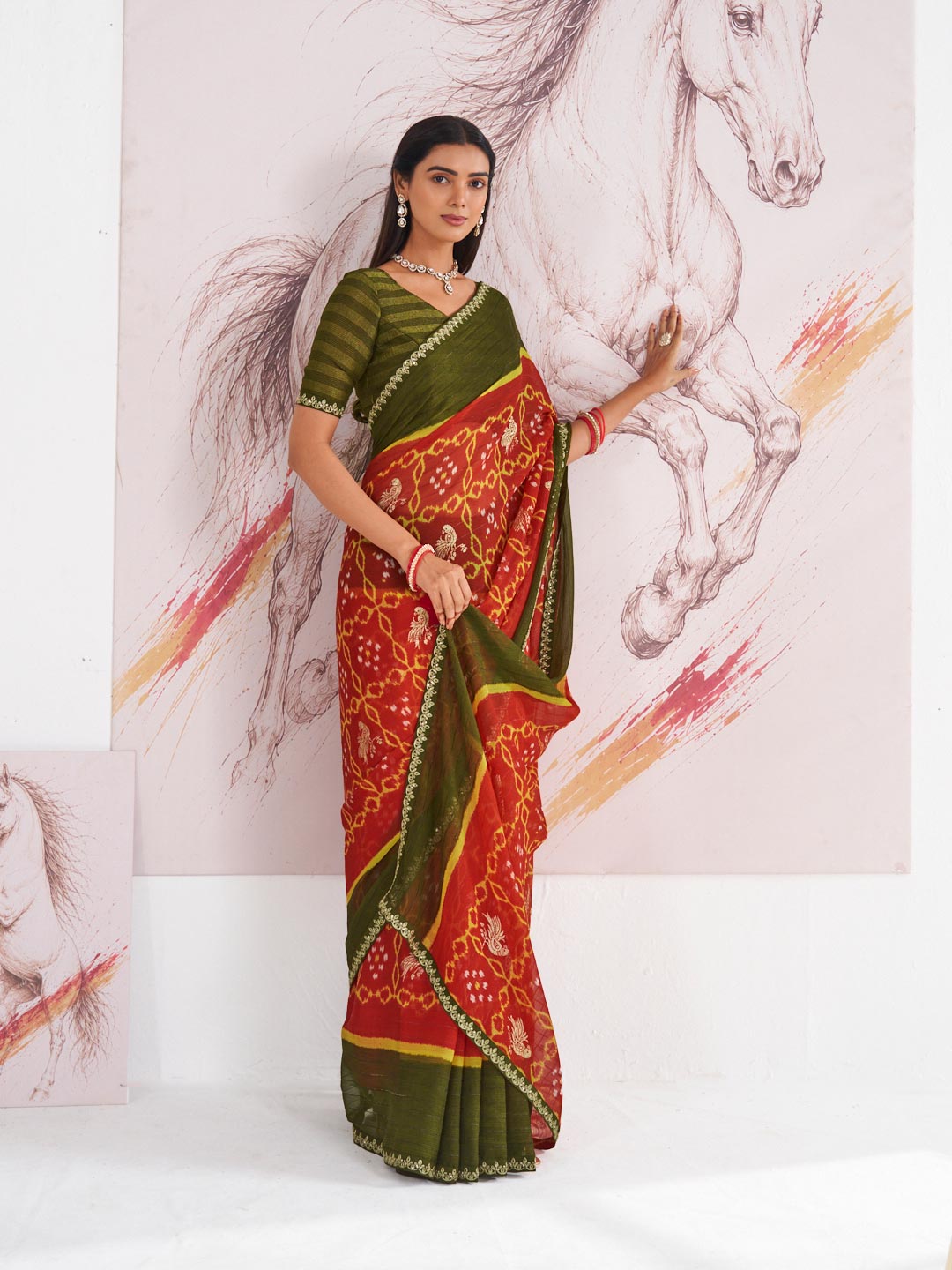 Laxmipati Murli Red Chiffon Floral Saree