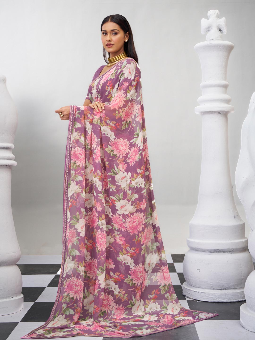 Purple floral saree lightweight wear