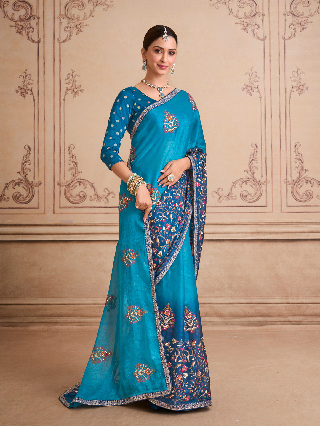 Blue embroidered silk blend saree casual wear
