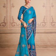 Blue embroidered silk blend saree casual wear