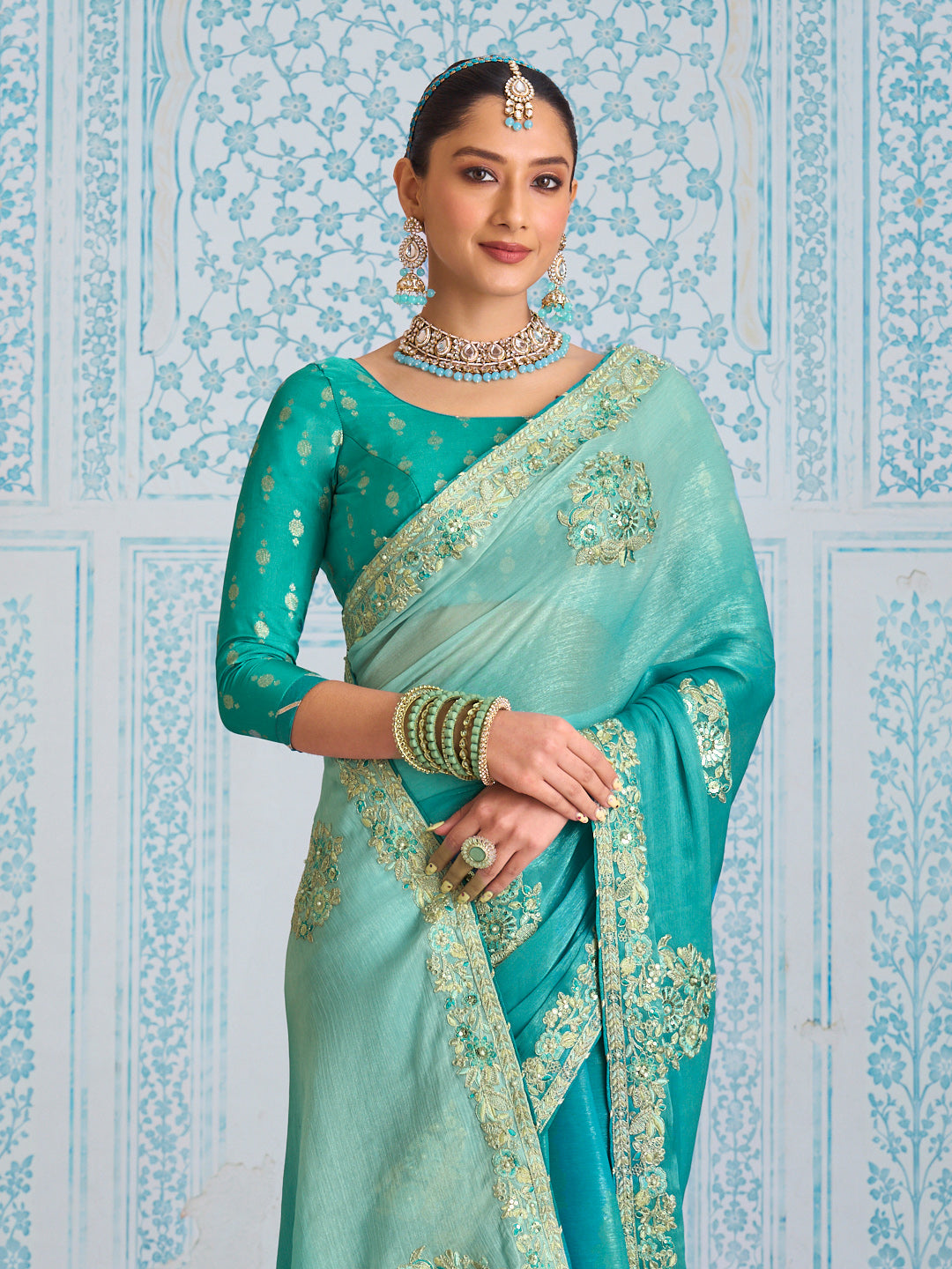 Laxmipati Aanya Blue Chiffon Embroidered Saree