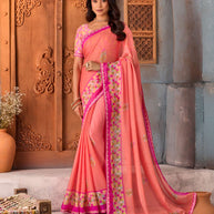 Pink floral printed silk blend saree party wear