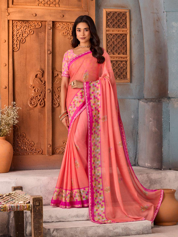 Pink floral printed silk blend saree party wear
