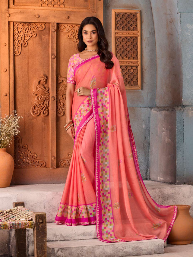 Pink floral printed silk blend saree party wear