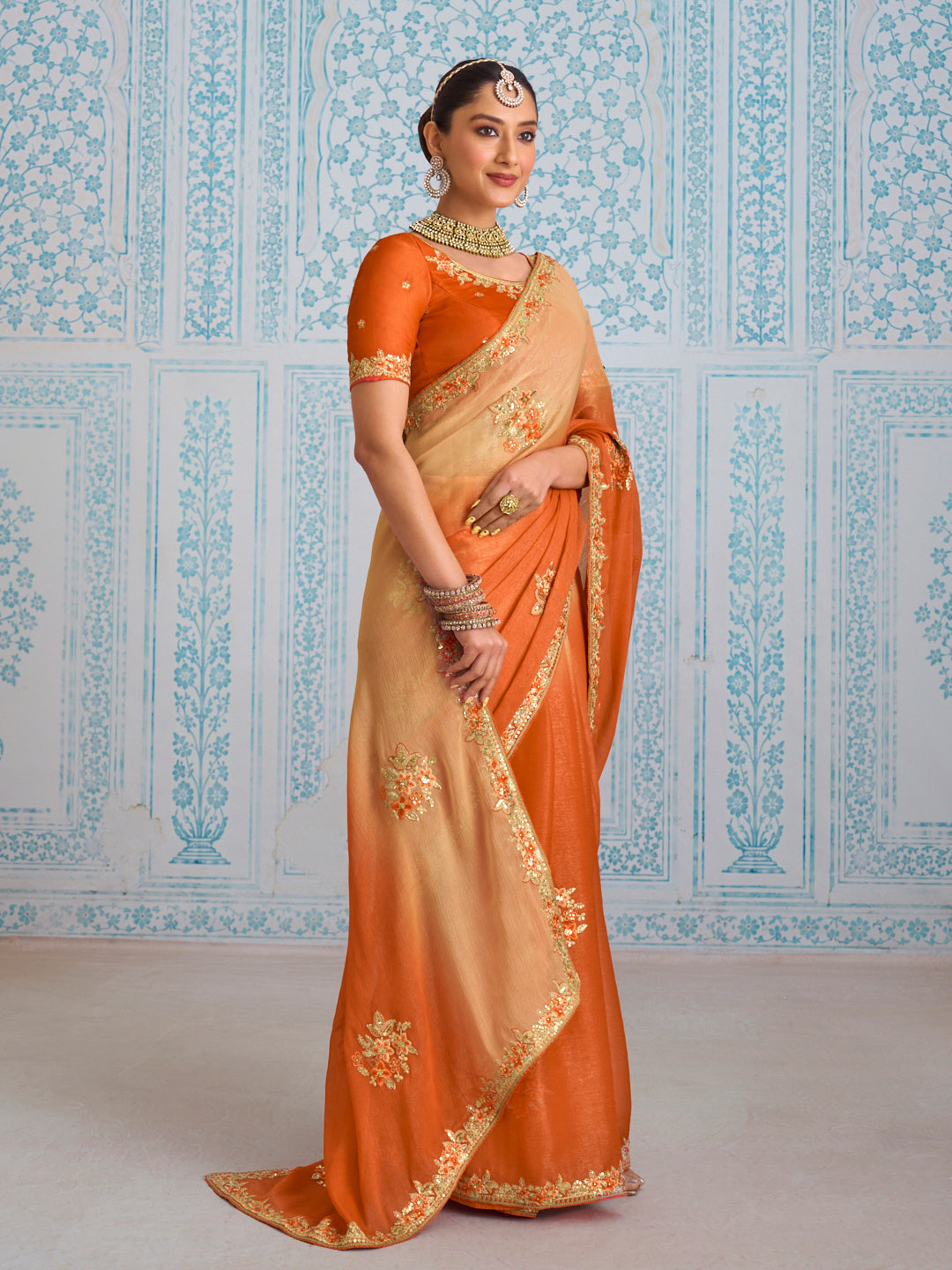 Laxmipati Aanya Orange Chiffon Embroidered Saree