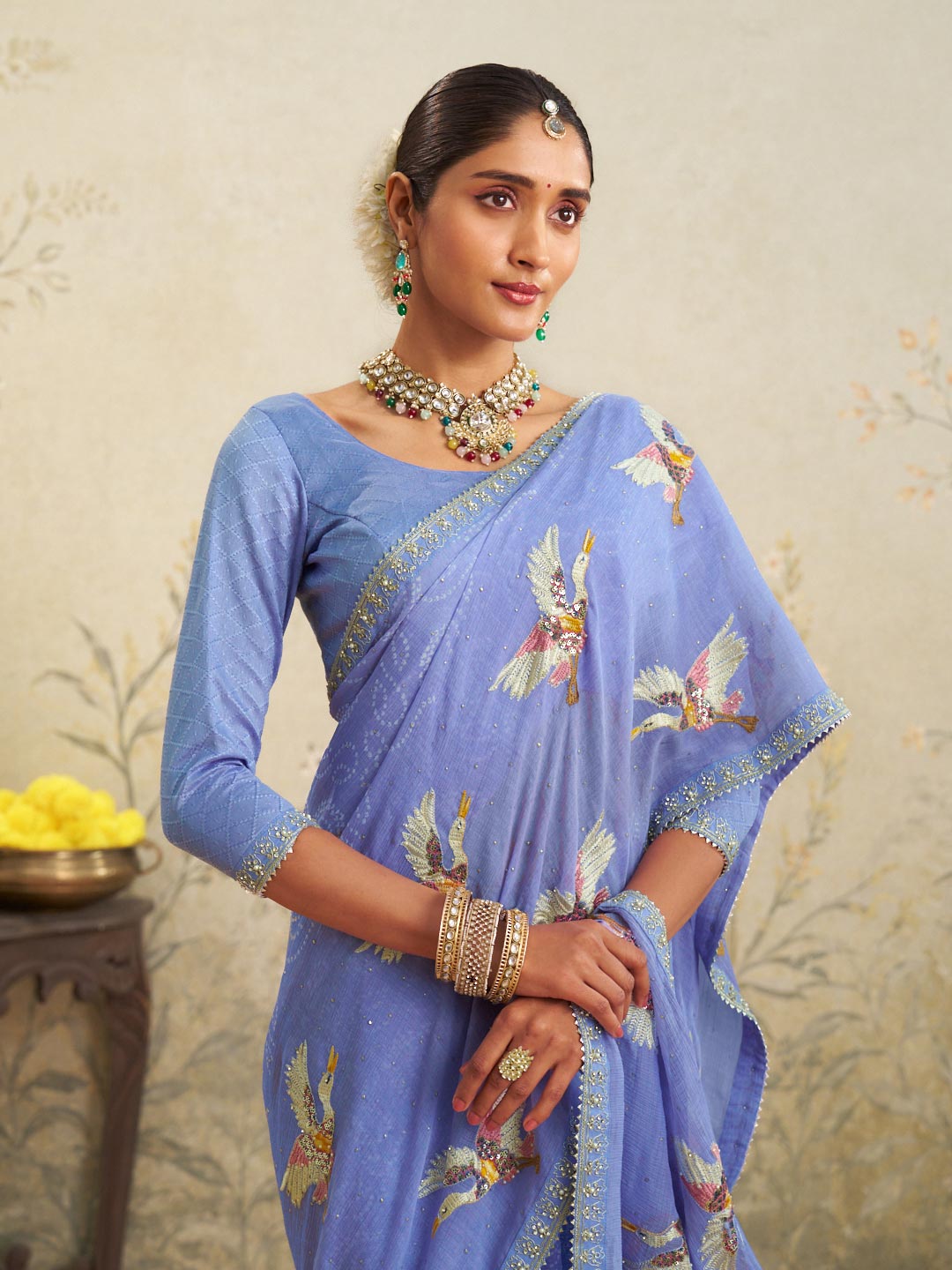 Blue embroidered chiffon saree wedding wear