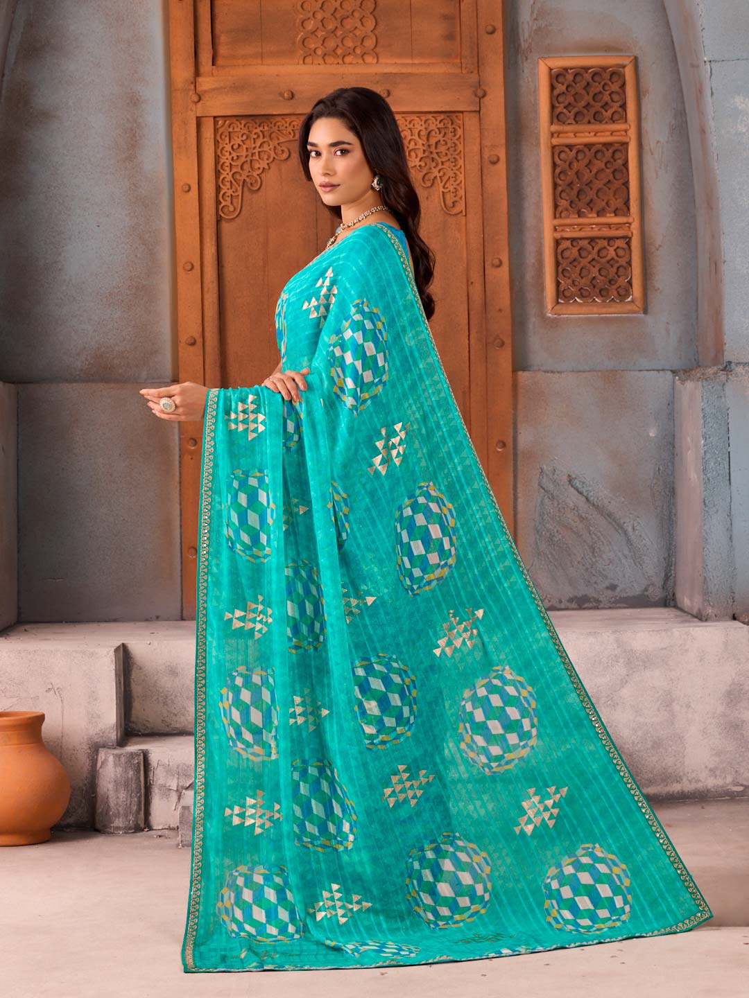 Blue geometric printed chiffon saree daily wear