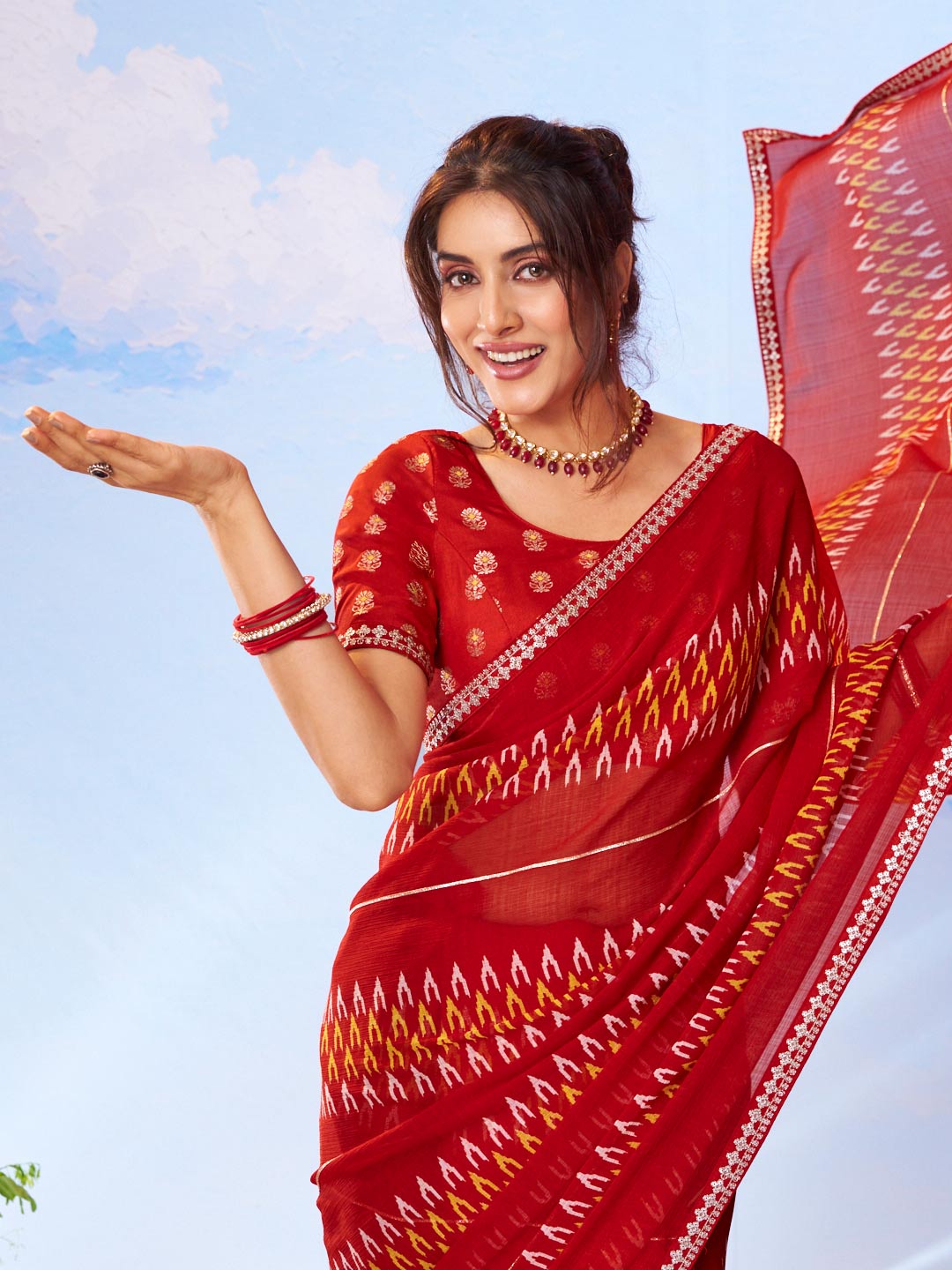  Red chevron printed chiffon saree party wear 