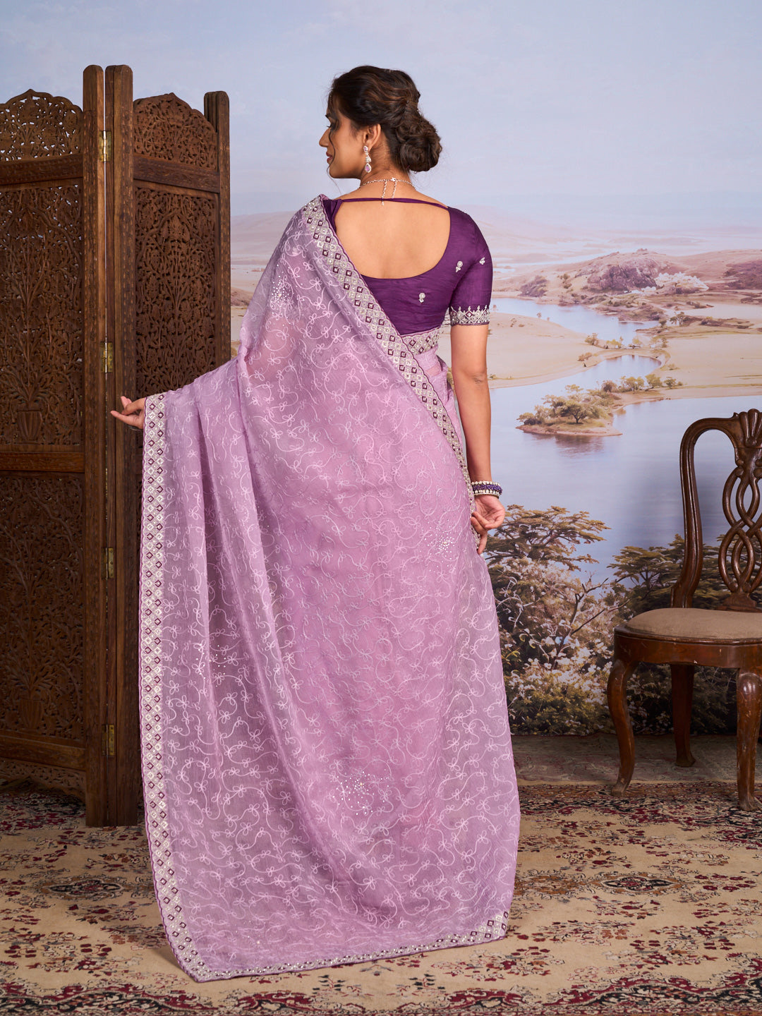 Purple floral embroidered chiffon saree wedding wear