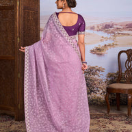 Purple floral embroidered chiffon saree wedding wear