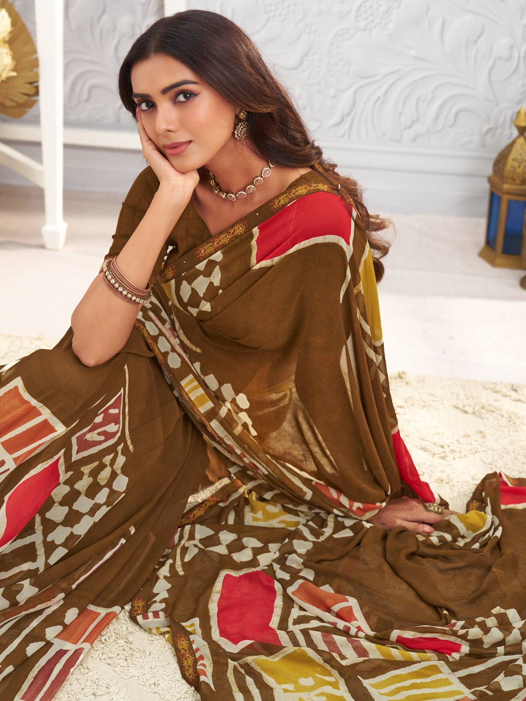 Brown geometric printed georgette saree wedding wear