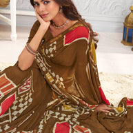 Brown geometric printed georgette saree wedding wear