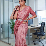 Pink geometric printed cotton blend saree office wear