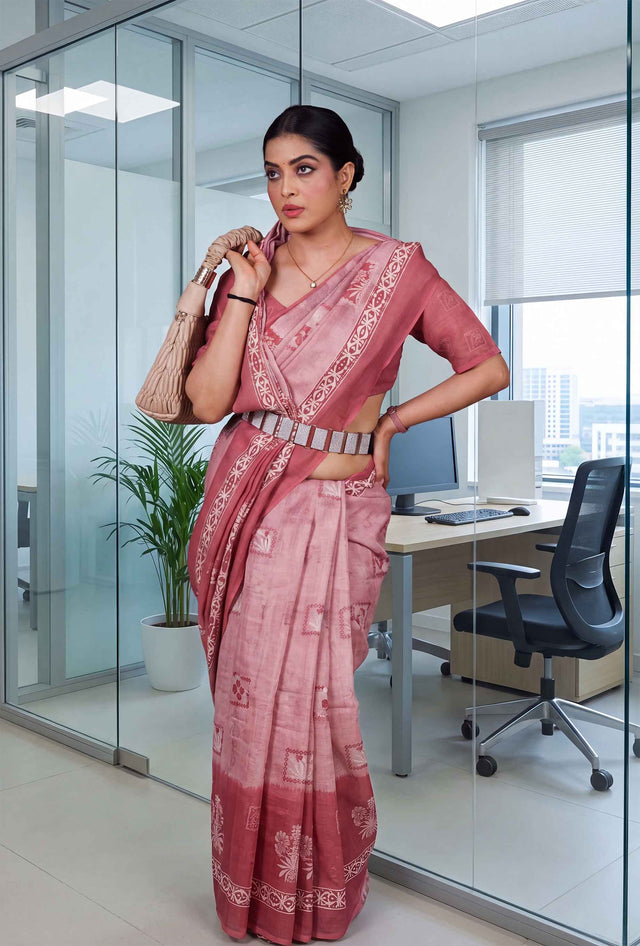 Pink geometric printed cotton blend saree office wear