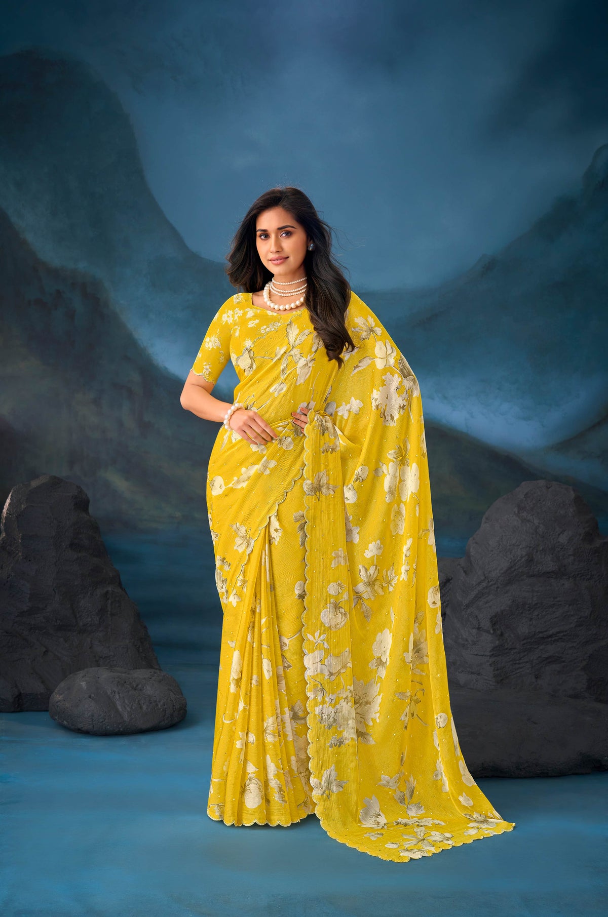 Yellow Work chiffon saree daily wear