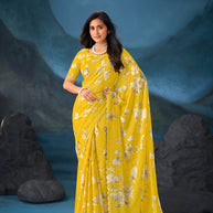 Yellow Work chiffon saree daily wear