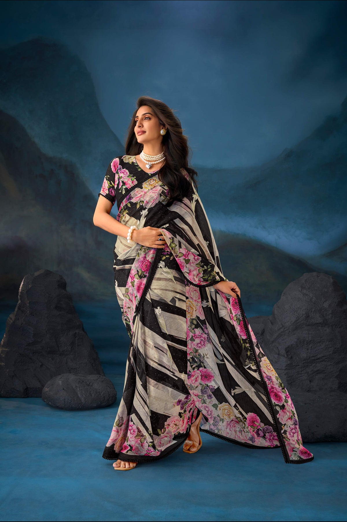 Black floral printed chiffon saree party wear