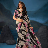 Black floral printed chiffon saree party wear