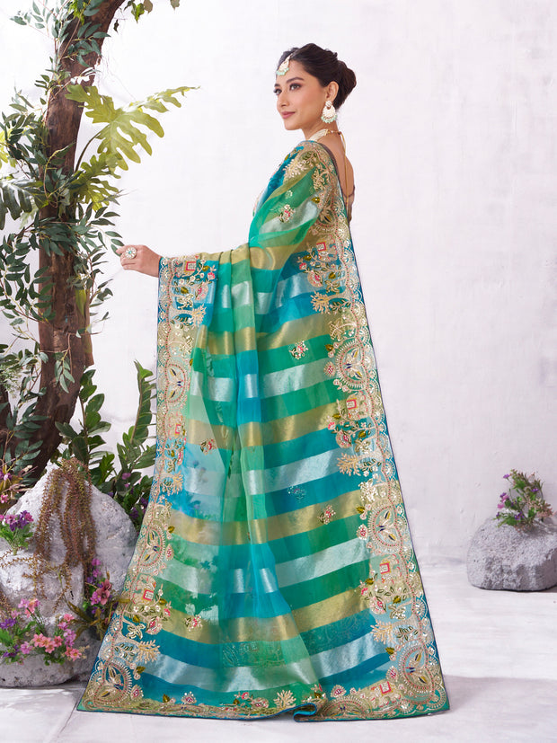 Green embroidered saree lightweight tissue organza