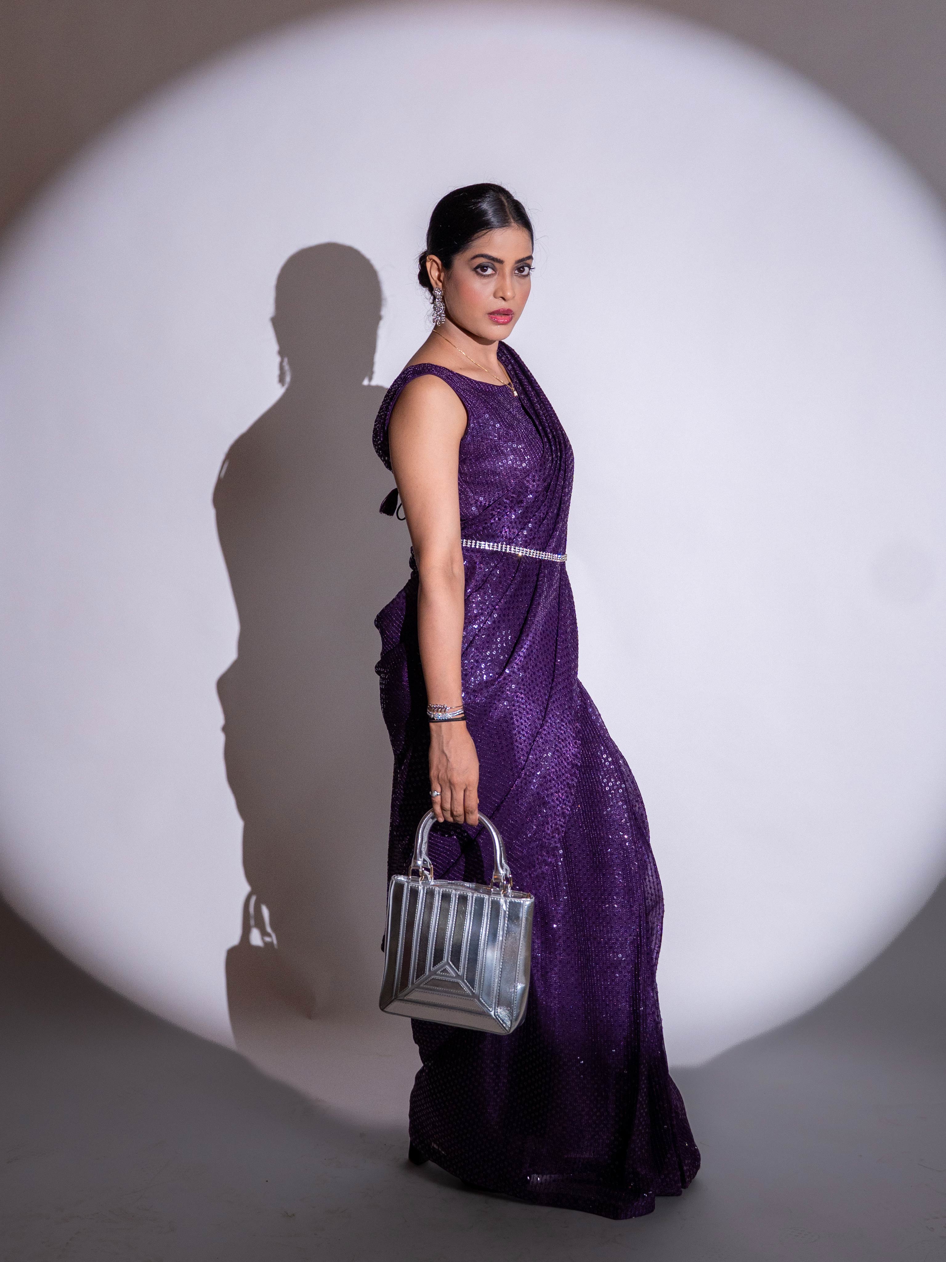 Purple sequin embroidered georgette saree party wear
