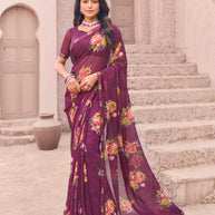 Wine georgette floral print saree