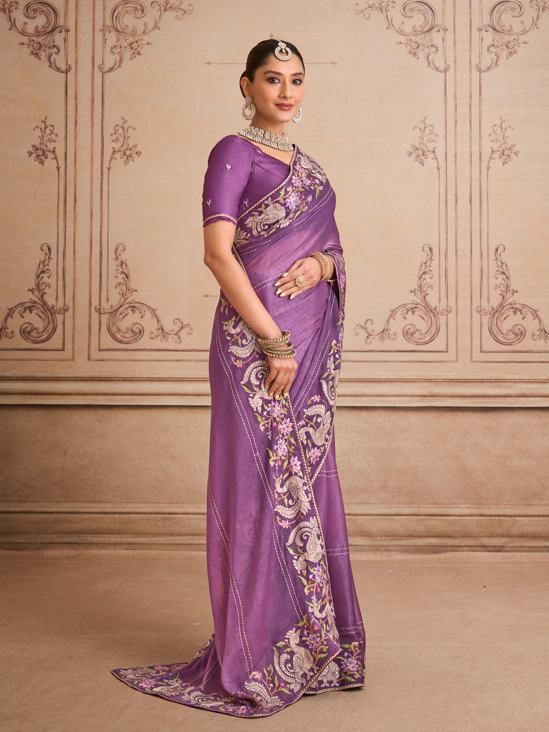 Purple floral embroidered silk blend saree casual wear