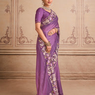 Purple floral embroidered silk blend saree casual wear