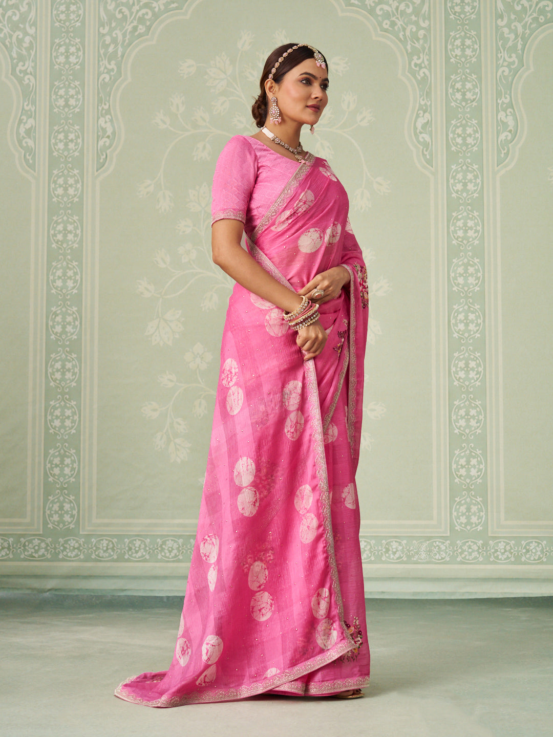 Pink floral embroidered chiffon saree wedding wear