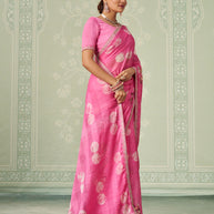 Pink floral embroidered chiffon saree wedding wear