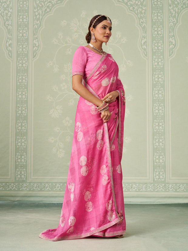 Pink floral embroidered chiffon saree wedding wear